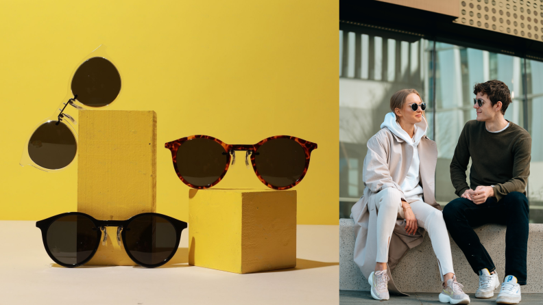 Three pairs of sunglasses against a yellow background on the left, on the right are two models wearing the pince-nez sunglasses.