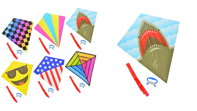 On the left: An image of six different kites. On the right: An image of a kit that looks like a shark