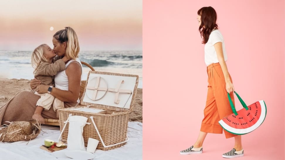 Left: Mother and child beach picnic; Right: Woman carrying watermelon picnic bag