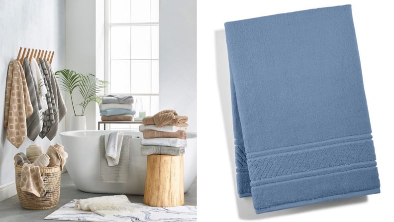 A split image: On the left, a small bathtub is surrounded by artfully folded towels. On the right, a blue towel is folded neatly.
