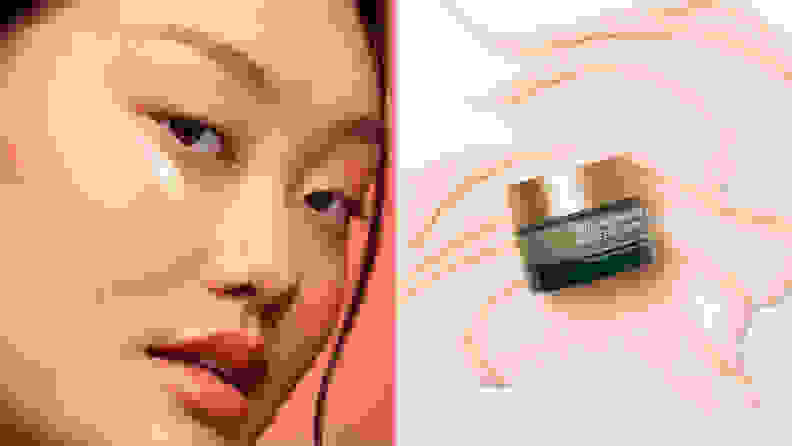 On the left: A person's face with a swatch of eye cream under their eye. On the right: A small green and gold jar on top of a swatch of pink cream.