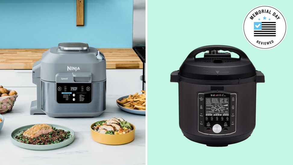 A collage with air fryers from Ninja and Instant Pot.