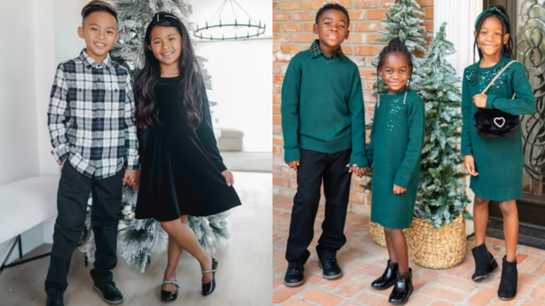 Two sibling sets. One has a brother and sister in a black & white neutral set for all special occasions. The other has three siblings in green holiday-themed outfits.