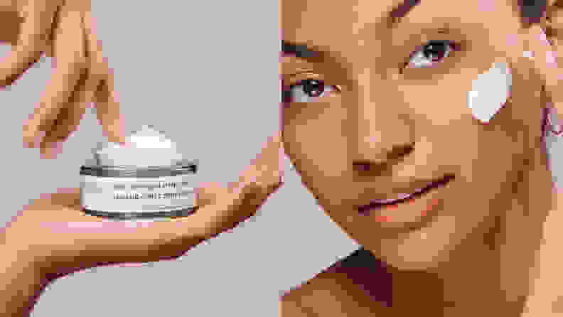 On the left: A hand holding a green and gold jar uncapped to reveal a white cream. On the right: A closeup on someone's face as they apply white cream to their cheek.