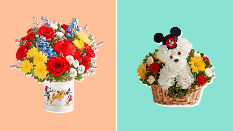 Two floral arrangements set side by side; one in a vintage vase with old-fashioned Mickey, Minnie and Goofy figures; the other in a basket and featuring a puppy dog made of carnations and wearing a Mouseketeers hat.