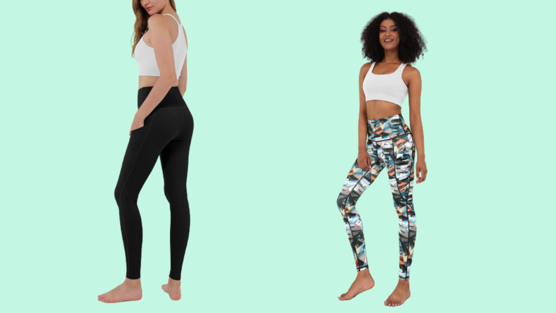 Leggings in black and a print fabric.