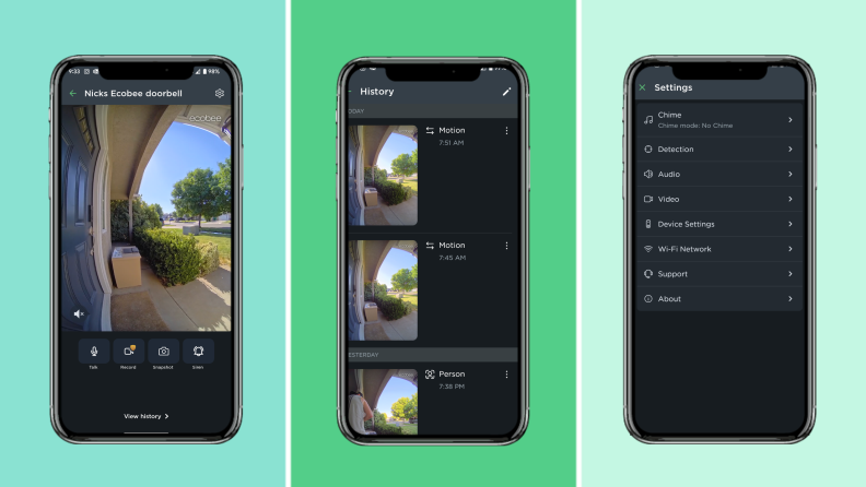 Screenshots of the Ecobee app featuring the Ecobee Smart Doorbell Camera