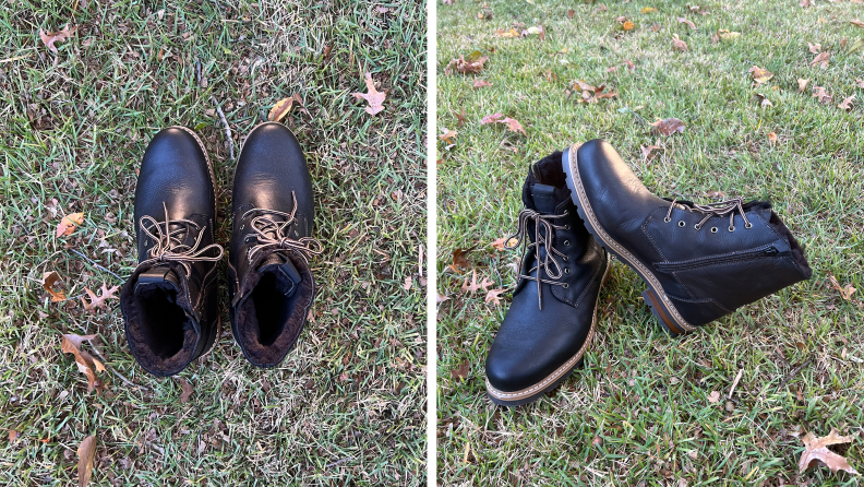 Two views of a pair of black leather boots with a brown sole and black shearling lining.