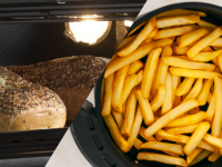 Two images of a convection oven and an air fryer basket with french fries.