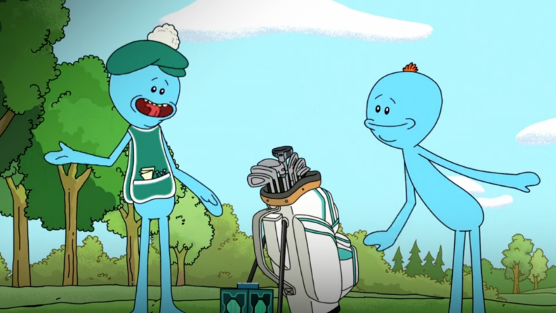 A still from 'Rick and Morty' featuring Mr. Meeseeks on a golf course.