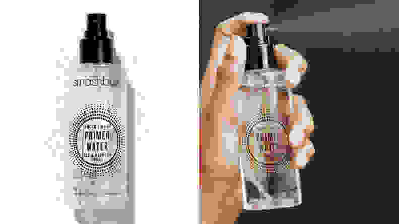On the left: A clear spray bottle of the Smashbox primer water. On the right: A hand sprays the Smashbox primer water.