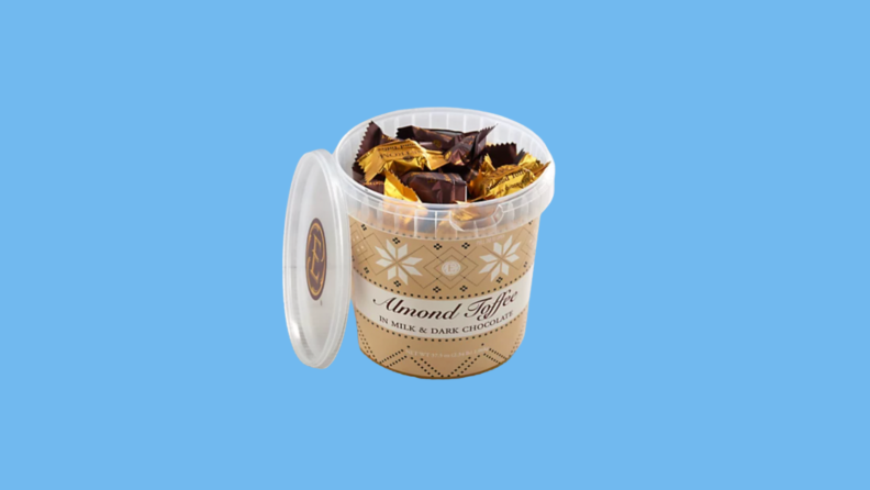 Open container of wrapped chocolate candy