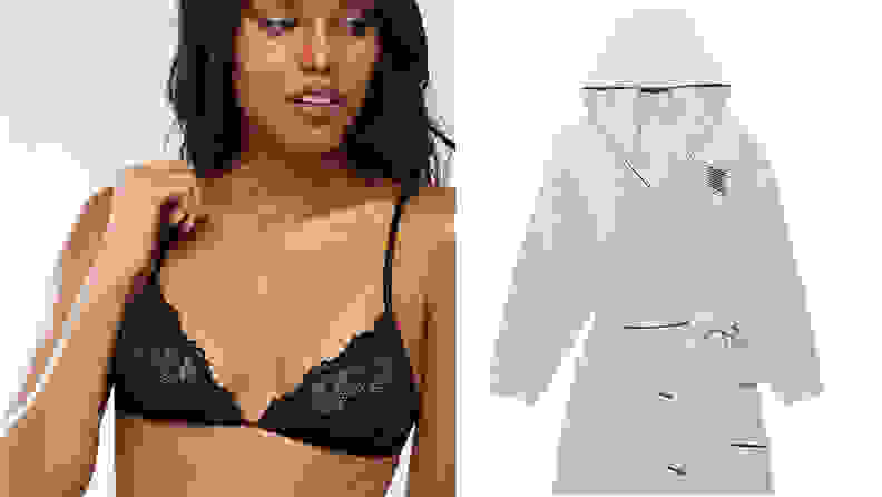 A woman in a black bralette and a gray cloth robe.