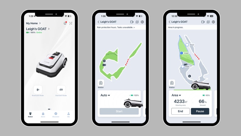Three screen shots of the Ecovacs app on a gray background
