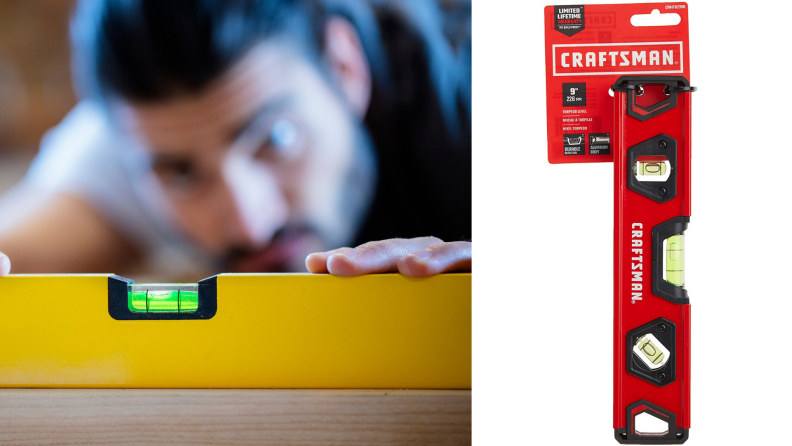 On left, man using using level to make sure surface is even. On right, product shot of Craftsman 9-inch Torpedo Level.