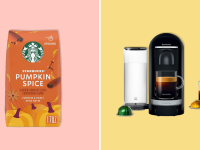 Starbucks Pumpkin Spice coffee on a pink background, Nespresso VertuoPlus espresso machine on a yellow background.
