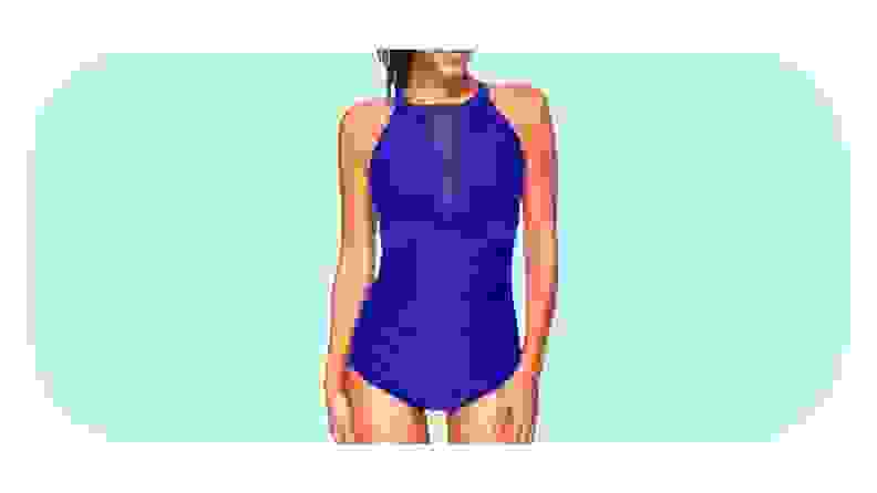 A blue one-piece bathing suit with a sheer neckline.