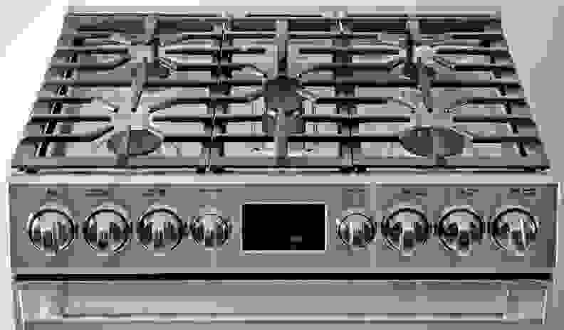 The rangetop features five burners and plenty of space for a multitude of pots and pans.