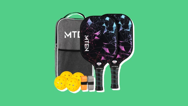 Product image of the MTEN Pickleball Set, including two racquets, four balls, two colors of grip tape, and a carrying case.