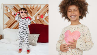 Gender neutral child in XO pajamas and Black girl in sequin motif-style sweater with a heart