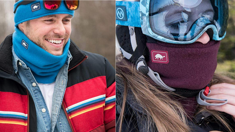 Image of man in ski attire wearing face warmer around his neck. Second image is of woman wearing ski goggles and face warmer around her mouth.