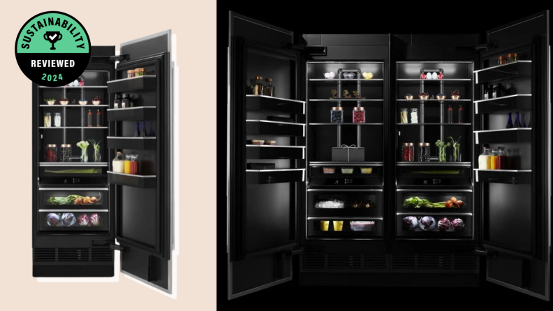 The JennAir 30-inch SlimTech Column refrigerator opened to showcase food inside.