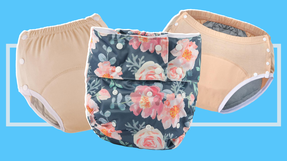A peach-colored diaper, a floral print diaper, and another peach diaper against a blue background