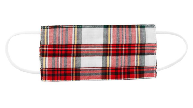 An image of a plaid face mask in red, white, and green.