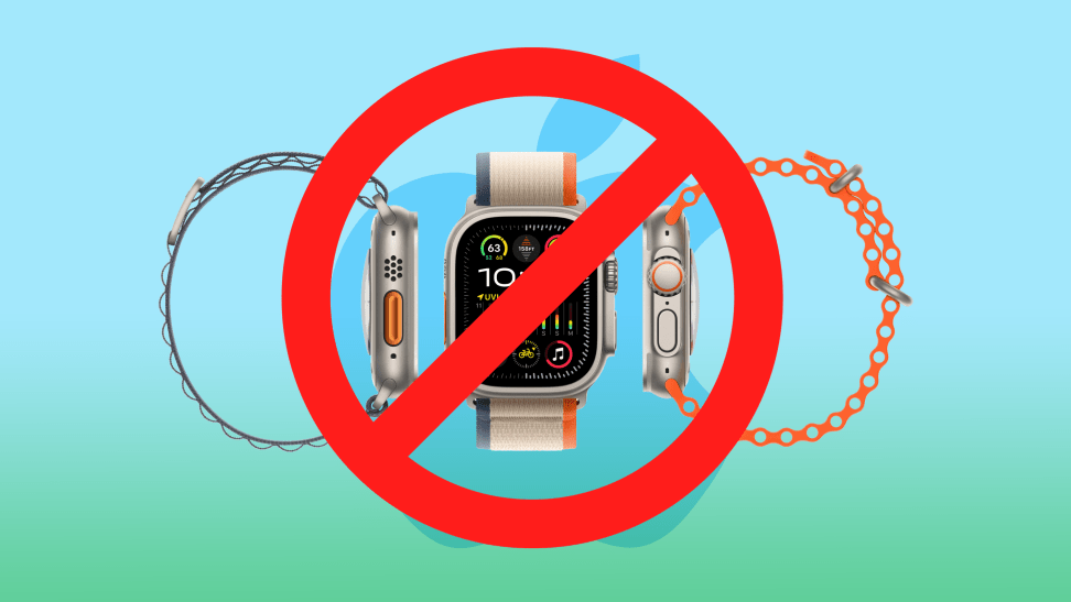 The Apple Watch Ultra 2 on a blue and green Apple logo background with a large red crossed out circle.