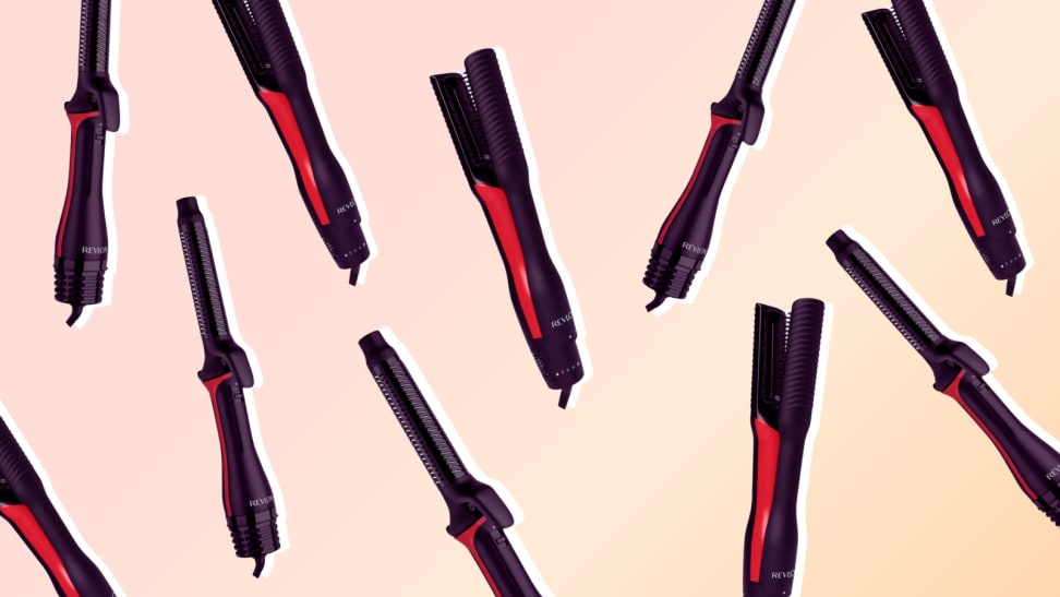 Collage of Revlon One-Step hair straightener and curler.