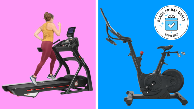 Collage of a woman running on a treadmill, and also a stationary exercise bike.