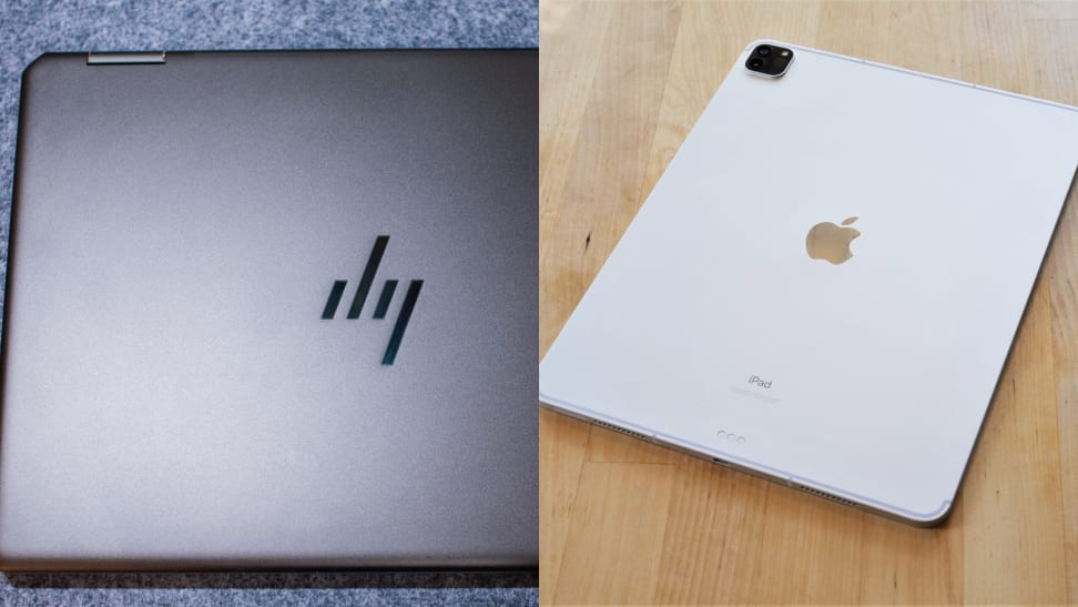 Split image of the HP Spectre x360 14 and the iPad Pro 11-inch.