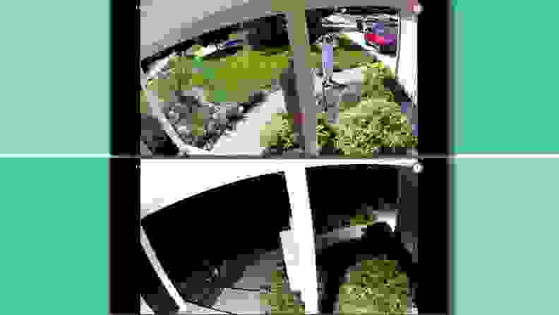 Two live camera feed screens looking at the front door and driveway, one showing off the day and the other at night.