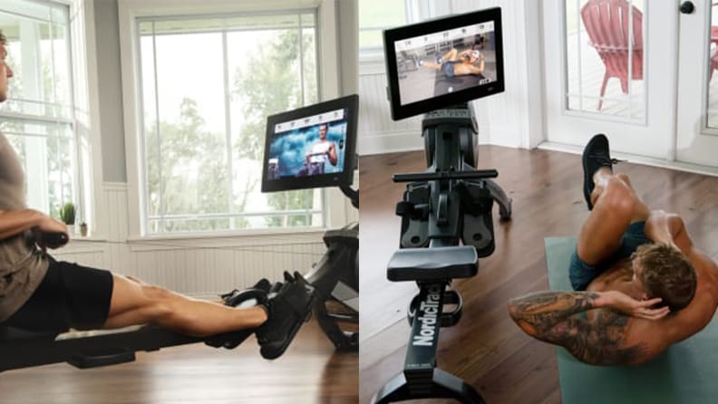 Left: Caeleb Dressel rowing on NordicTrack RW900. Right: Caeleb Dressel doing ab exercises beside NordicTrack RW900.