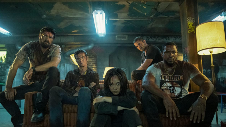 A still from The Boys featuring many of the characters covered in blood.