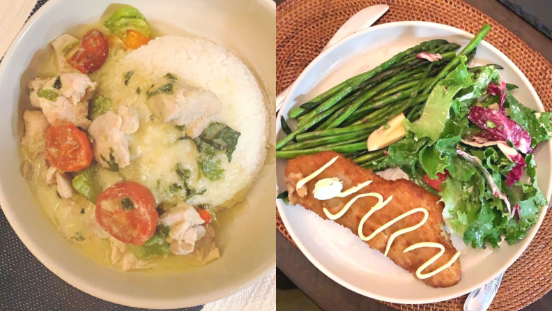 我需要这两种菜肴的特色成分：泰国绿色咖喱（左）和击球鳕鱼片配沙拉。