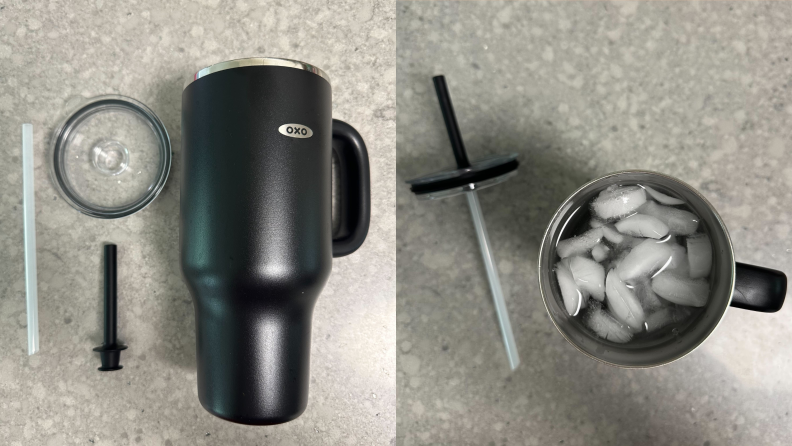 A side-by-side image of two Oxo Strive Tumblers, one tumbler laying on the counter next to straws and a lid and the other tumbler has water and ice in it.