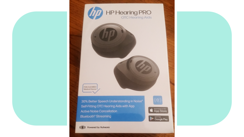Box packaging for the HP Hearing Pro OTC hearing aid.