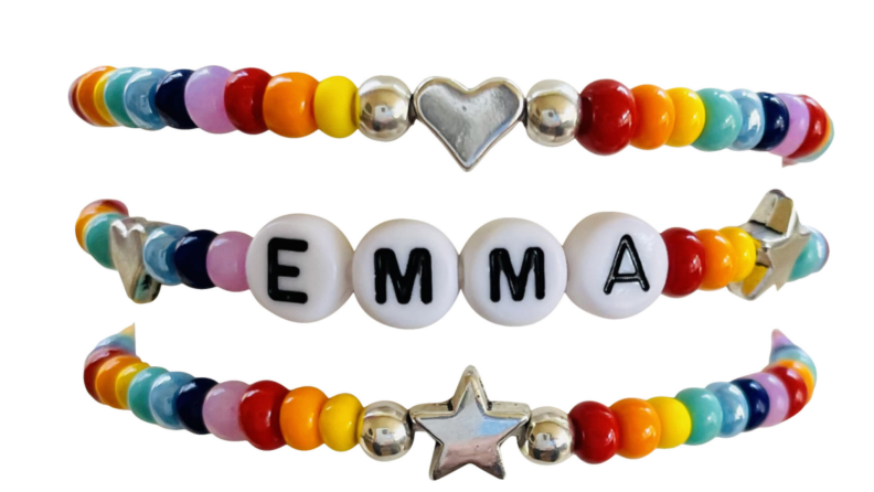 Rainbow bracelet set with the name "Emma."