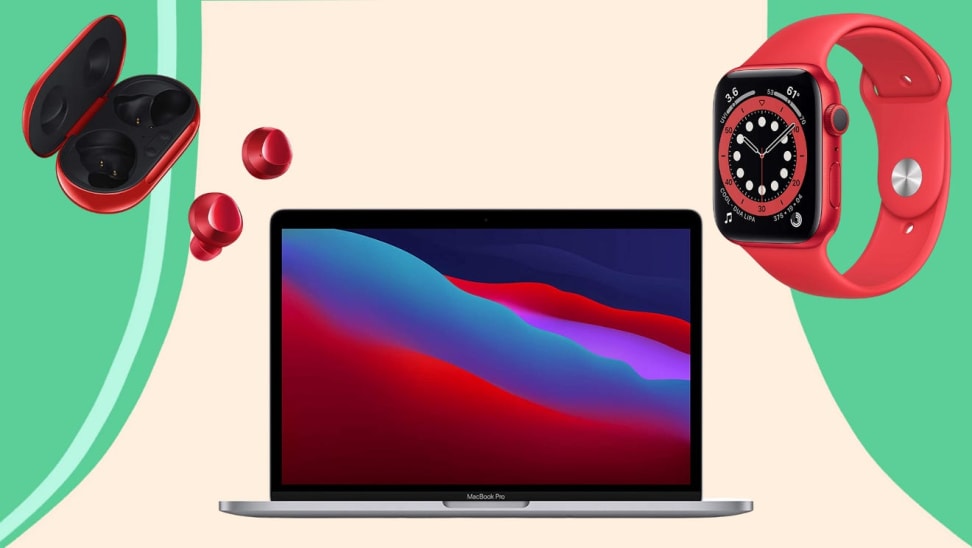 Samsun ear buds, MacBook and Apple Watch