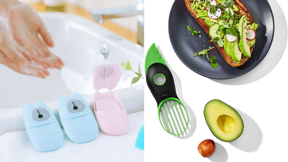 Person washing hands next to soap sheet dispensers / OXO avocado slicer, next to half an avocado and avocado toast.