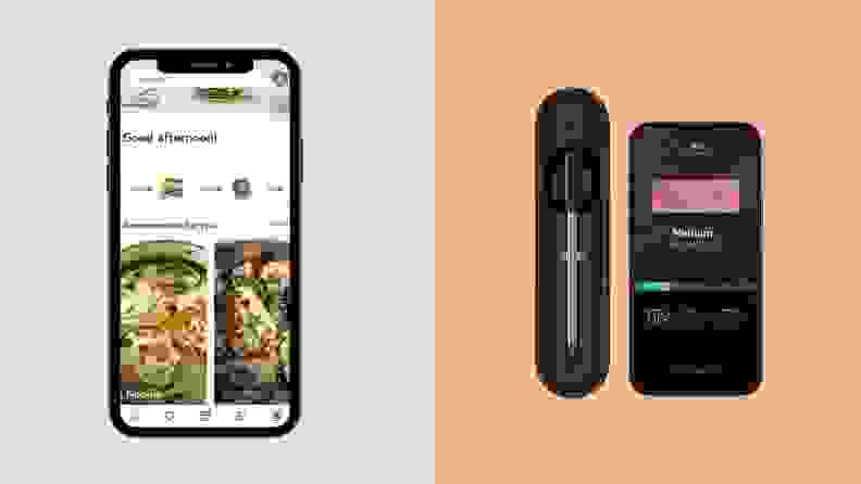 A smartphone displaying the Yummly app  next to an image of the Yummly thermometer.