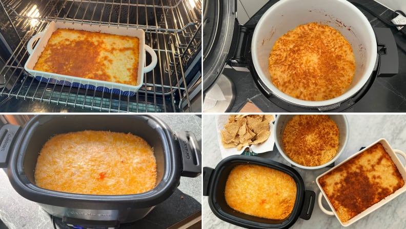 Top left: Buffalo chicken dip in the oven. Bottom left: buffalo chicken dip in the slow cooker. Top right: buffalo chicken dip in the Ninja Foodi. Bottom right: all 3 together with a bowl of chips.