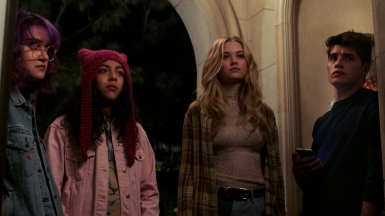 A still from the show Runaways featuring four of the main characters.