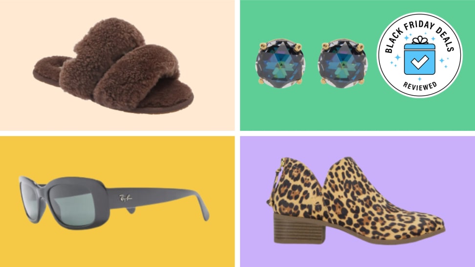 Four fashion accessories with the Black Friday Deals Reviewed badge in front of colored backgrounds.