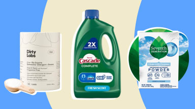 Dishwasher detergents on a muted yellow and blue background