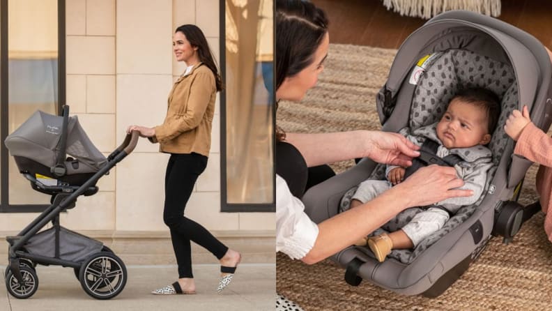 On left, person walking while pushing stroller on street. On right, infant in car seat.