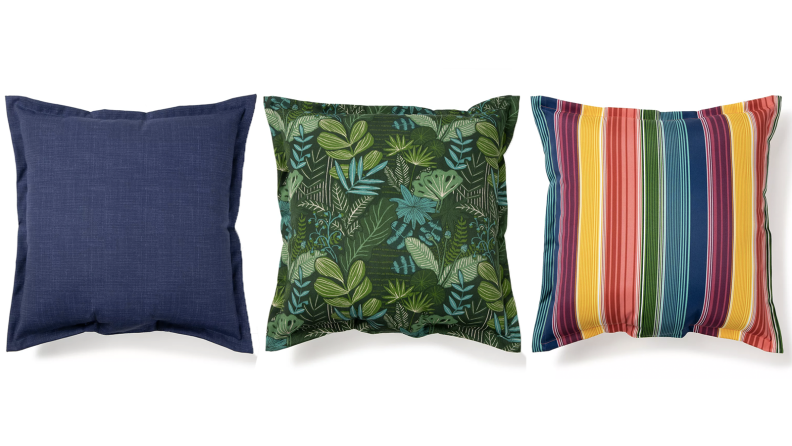 Three throw pillows in different colors