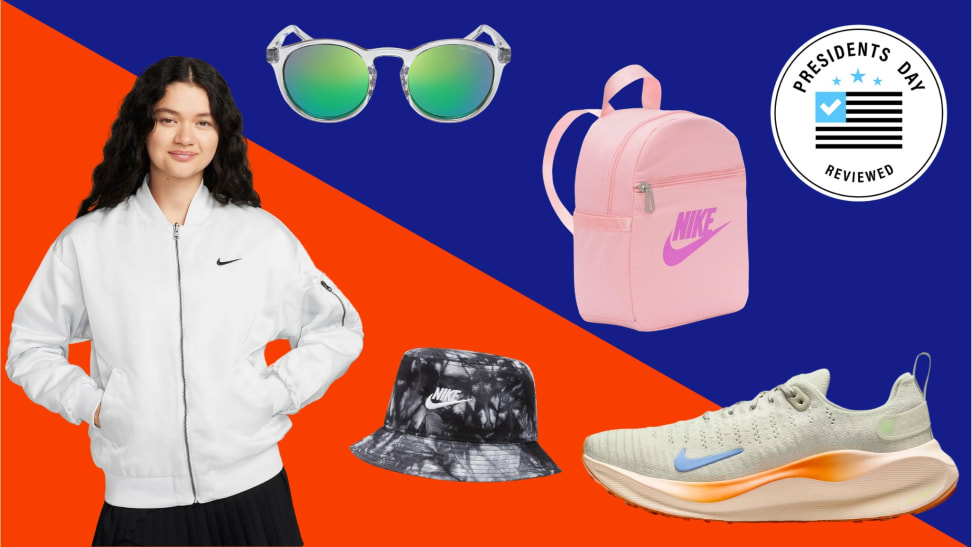 A collection of Nike styles with the Presidents Day Reviewed badge in front of a colored background.