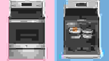 Side-by-side shots of the GE JB645RKSS Electric Range closed and open with food inside.